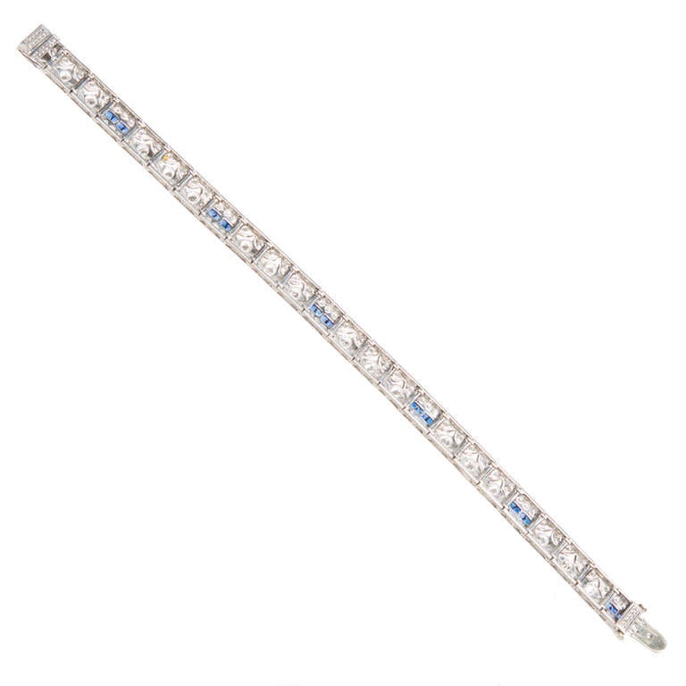 Art Deco Diamond Square Sapphire Hinged Platinum Bracelet In Good Condition For Sale In Stamford, CT
