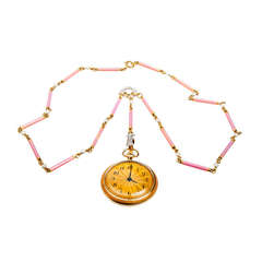 Lady's Rose Gold, Pink Enamel and Diamond Pendant Watch and Chain circa 1910s