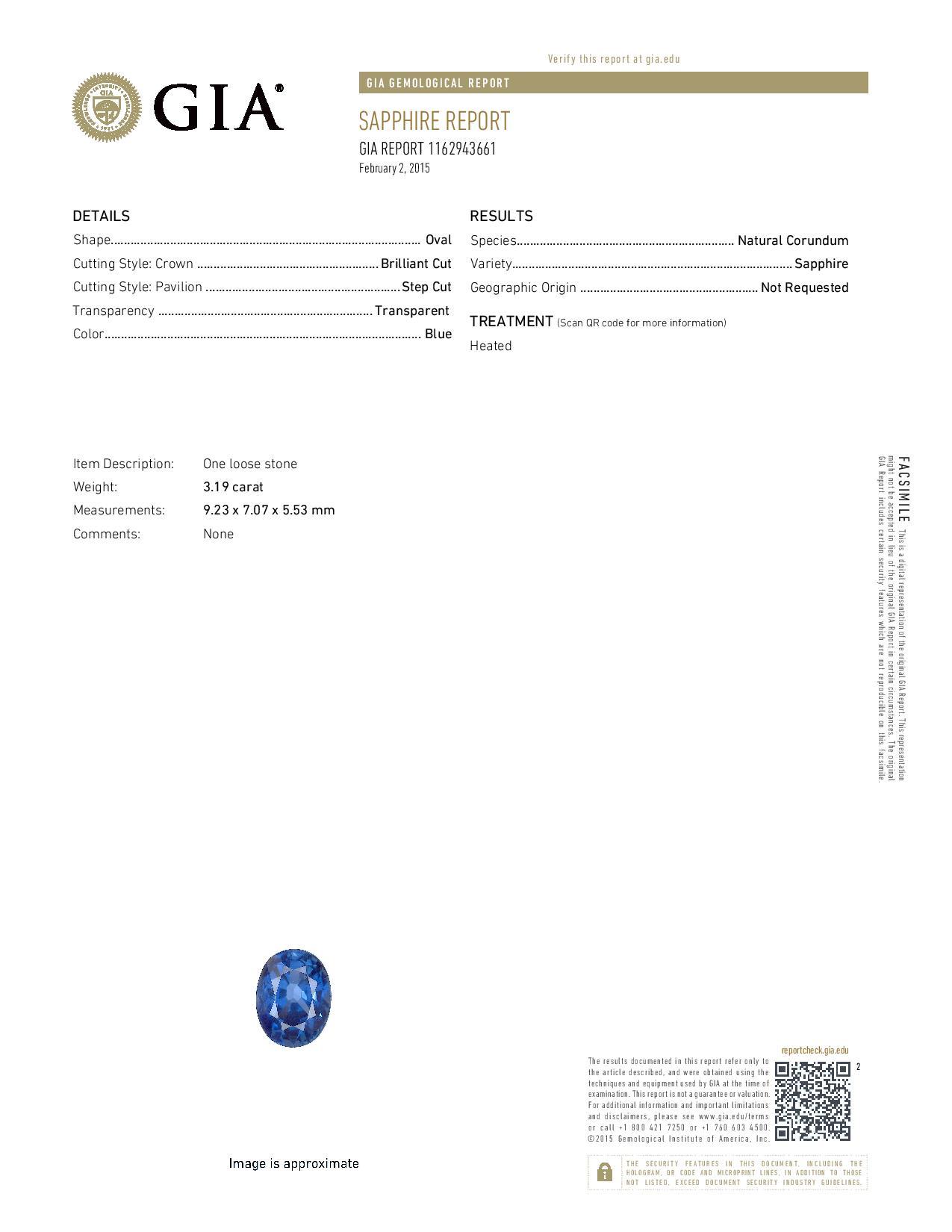 GIA Certifie3.19 Carat Blue Sapphire Diamond Platinum Engagement Ring For Sale 2
