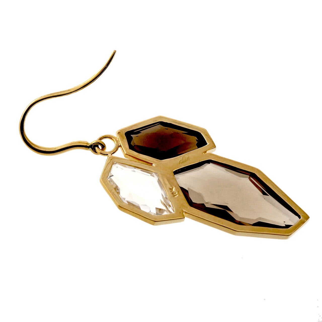 Handmade Allia designer smoky quartz dangle earrings with different shades of natural fantasy cut Quartz fitted into solid 18k yellow gold frames.

2 medium brown fantasy Quartz, approx. total weight 3.30cts, VS, 20.47 x 8.52 x 5.40mm
2 dark brown