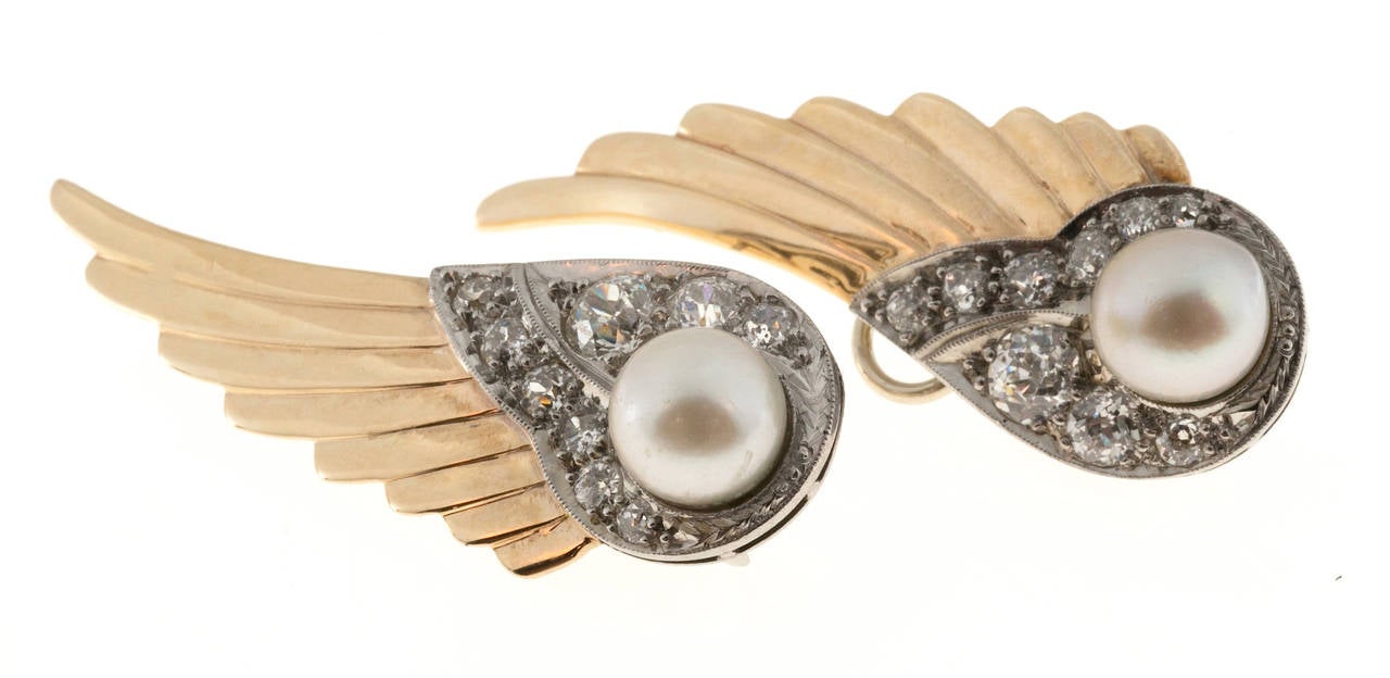 White Pearl Euro Cut Diamond Gold Wing Earrings In Good Condition In Stamford, CT