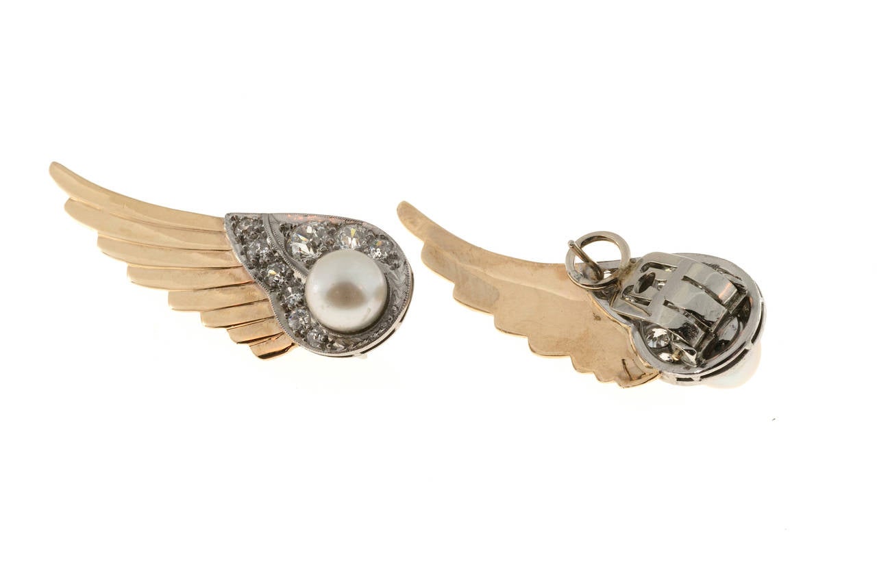 White Pearl Euro Cut Diamond Gold Wing Earrings 2