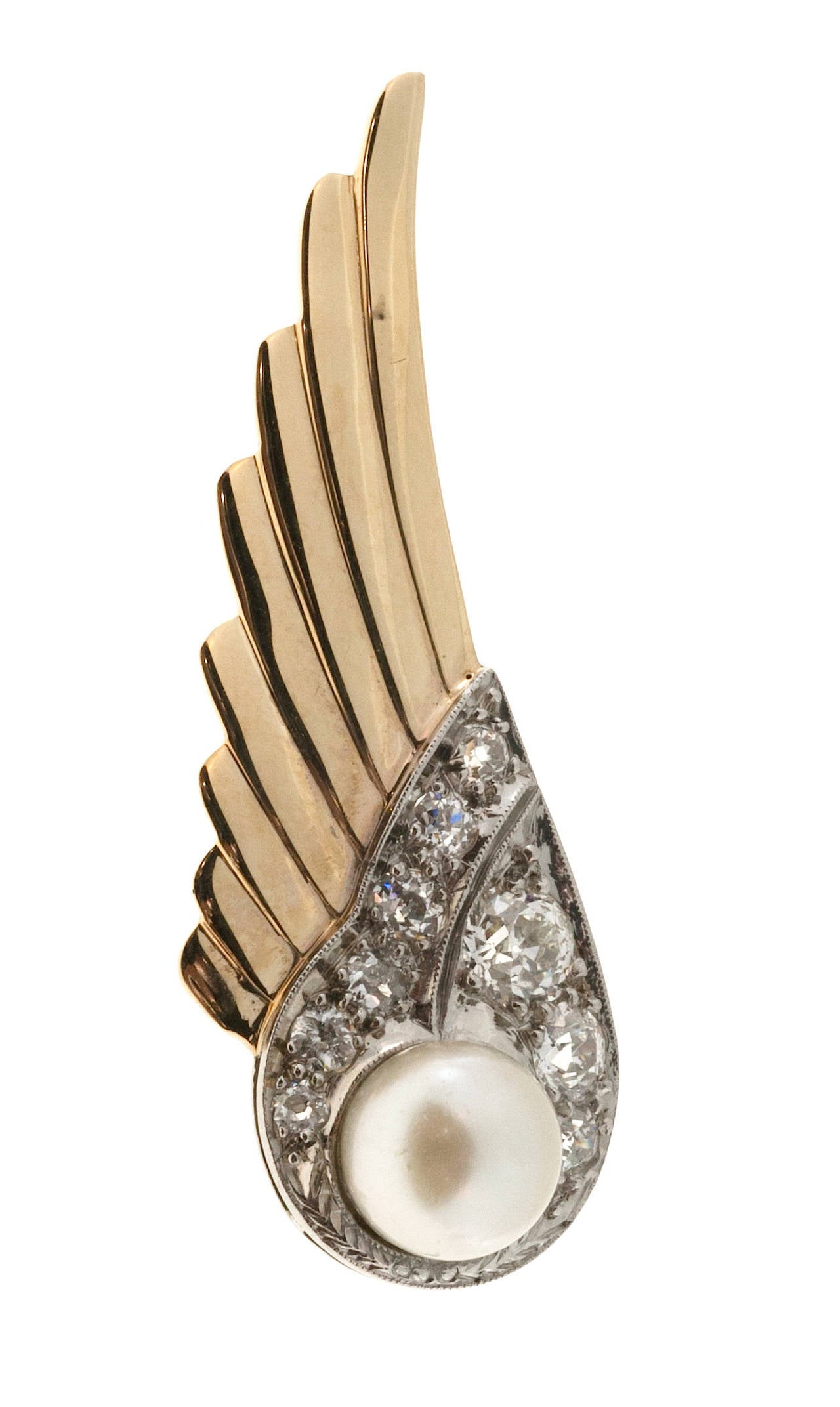 Women's White Pearl Euro Cut Diamond Gold Wing Earrings