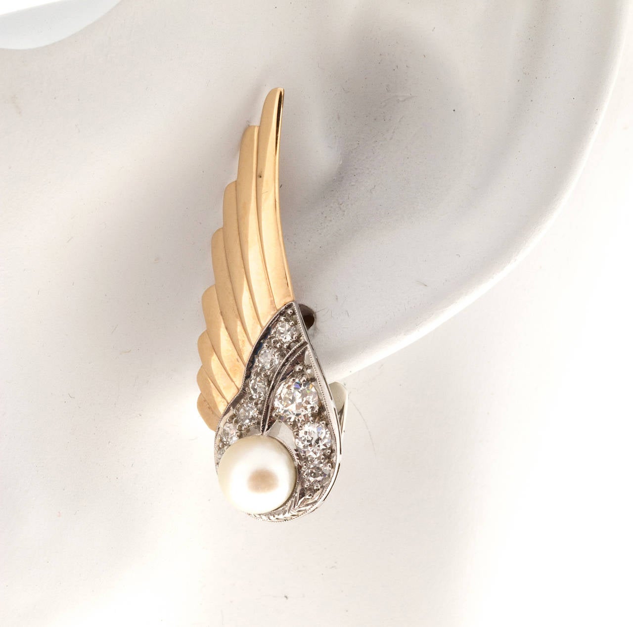 White Pearl Euro Cut Diamond Gold Wing Earrings 3