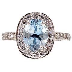 Natural Aquamarine Diamond Platinum Halo Ring