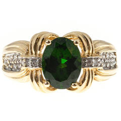 Green Tourmaline Full Cut Diamond Gold Ring 6