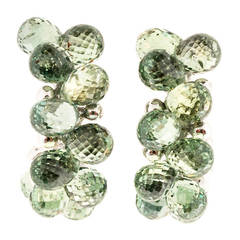 Green Tourmaline Briolette Gold Hoop Post Earrings