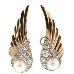 White Pearl Euro Cut Diamond Gold Wing Earrings