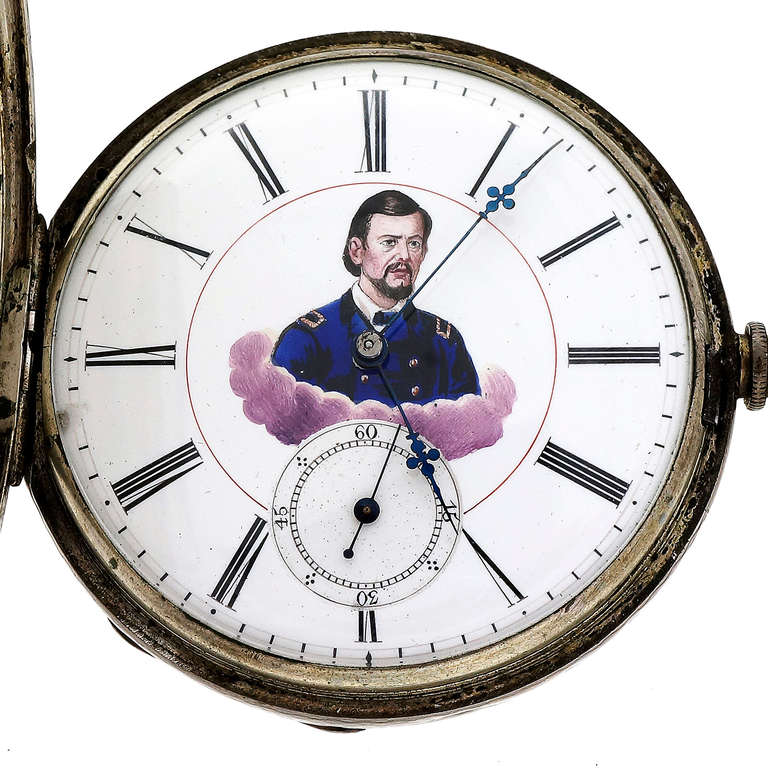 MJ Tobias silberne Taschenuhr mit Schlüsselaufzug und Porzellanzifferblatt mit einem Bild von Generalmajor Franz Sigel in ausgezeichnetem Zustand, Mitte 1800. 13-steiniges, vollständig gewartetes Uhrwerk.

Der Nachlass, in dem wir die Uhr erworben