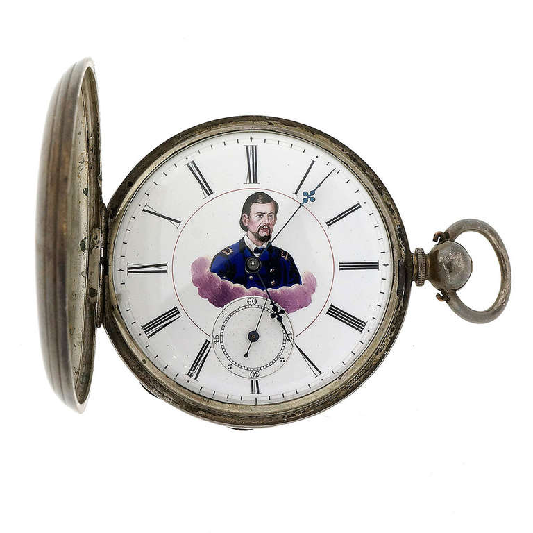 Civil War MJ Tobias Silberne Taschenuhr mit Bild eines Generals im Angebot