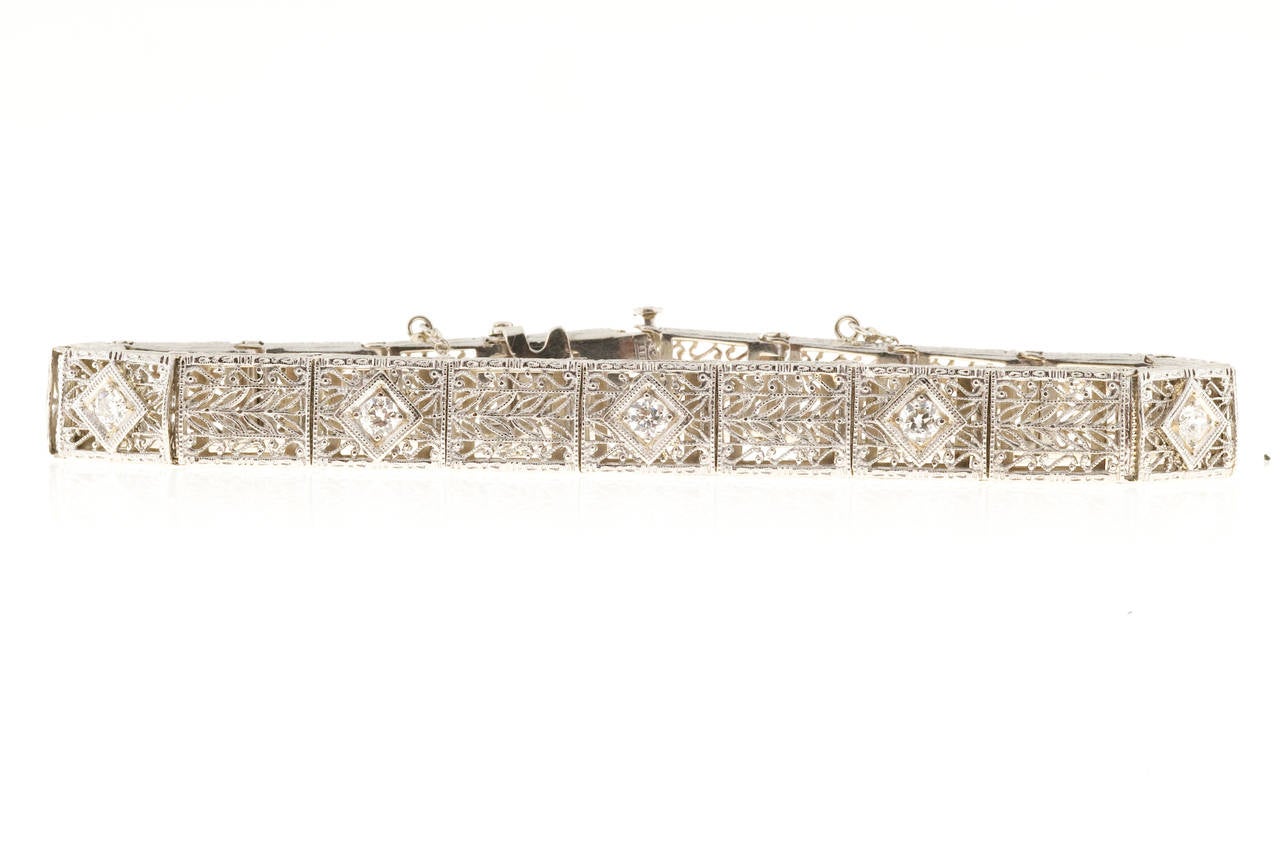 Women's 1935 Diamond Gold Platinum Filigree Hinged Link Bracelet
