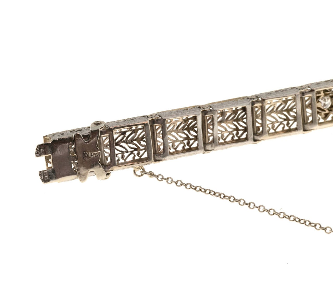 1935 Diamond Gold Platinum Filigree Hinged Link Bracelet In Good Condition In Stamford, CT