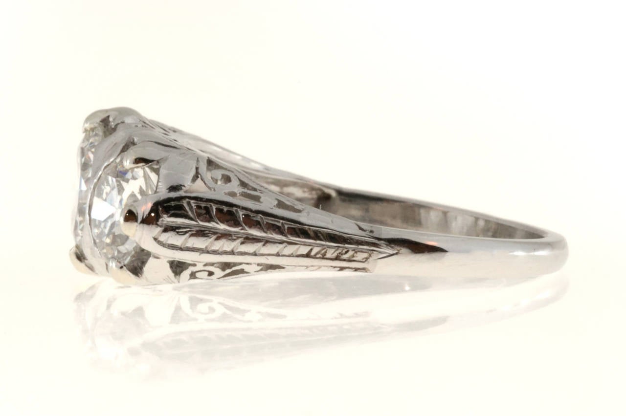 Art Deco Three Stone Diamond Platinum Filigree Ring 2