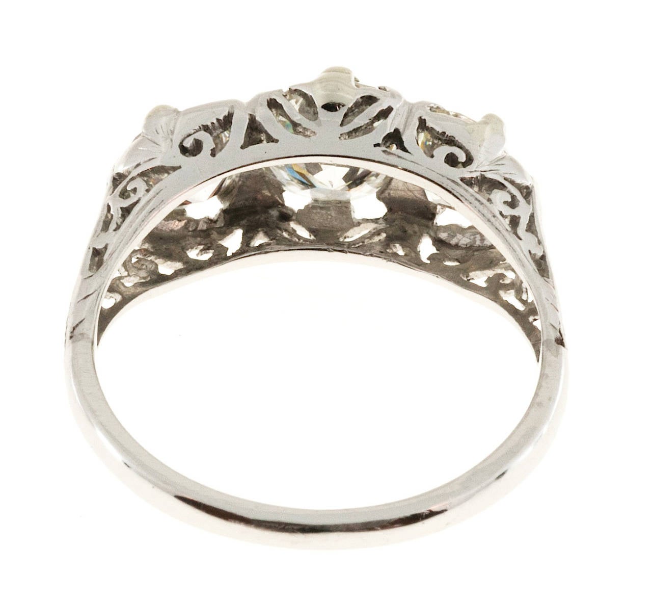 Art Deco Three Stone Diamond Platinum Filigree Ring 1