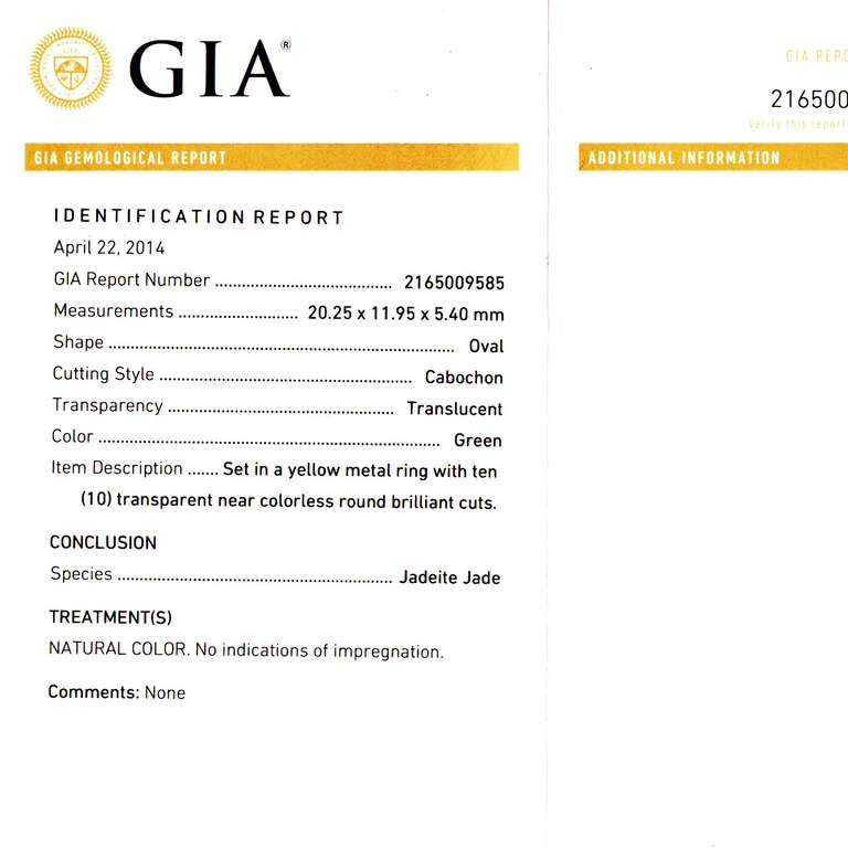 GIA Certified Natural Oval Green Jadeite Jade Diamond Gold Cocktail Ring 1