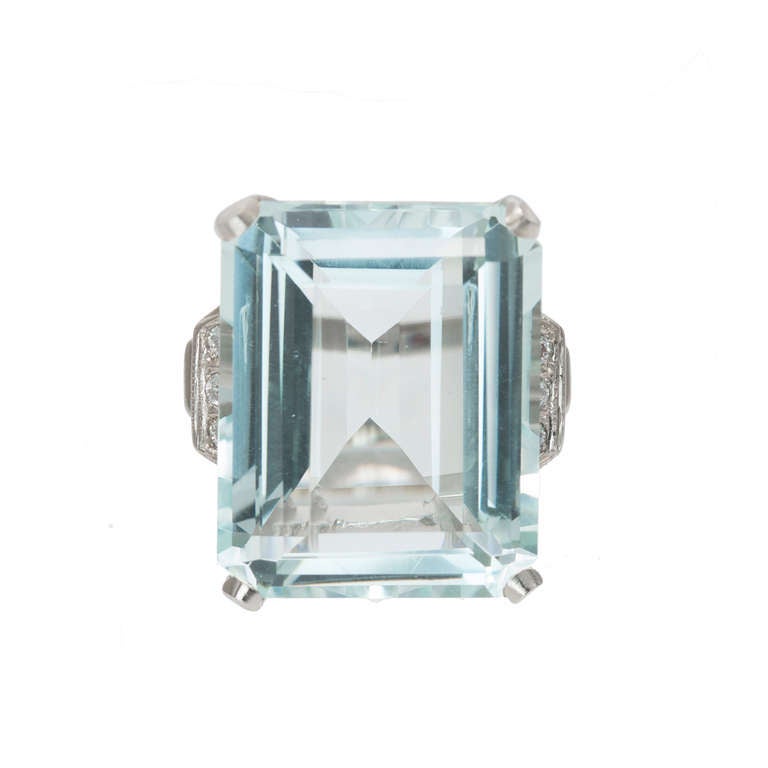 Art Deco 1935 Emerald step cut 36 plus carat natural no heat totally genuine Aqua. Super bright and sparkly. Slightly greenish blue color in it's original Art Deco simple basket setting with nice full cut side diamonds. Excellent condition, no
