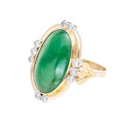 GIA Certified Natural Oval Green Jadeite Jade Diamond Gold Cocktail Ring
