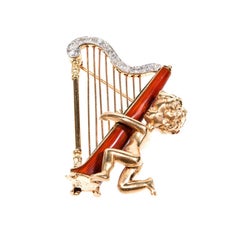 Retro Ruser Angel Harp Diamond Enamel Brooch, circa 1950