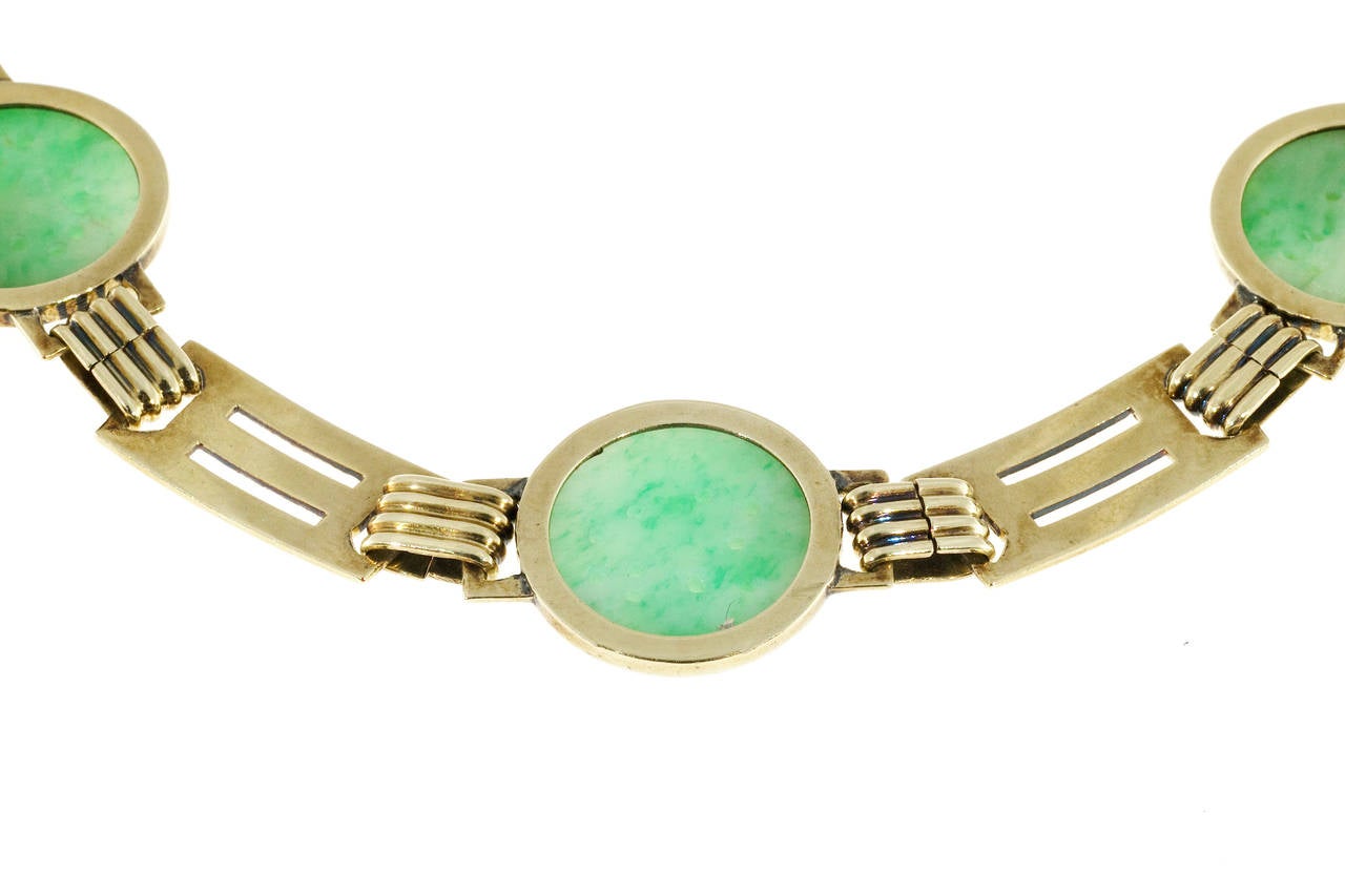 Art Deco Genuine Jadeite Jade Green Gold Carved Bracelet For Sale at