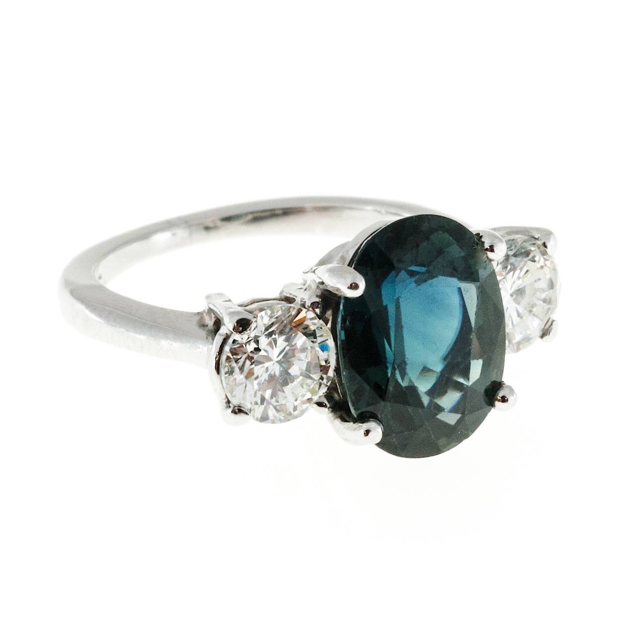 Peter Suchy Natural Green Blue Sapphire and Diamond Three Stone Platinum Ring In Good Condition In Stamford, CT