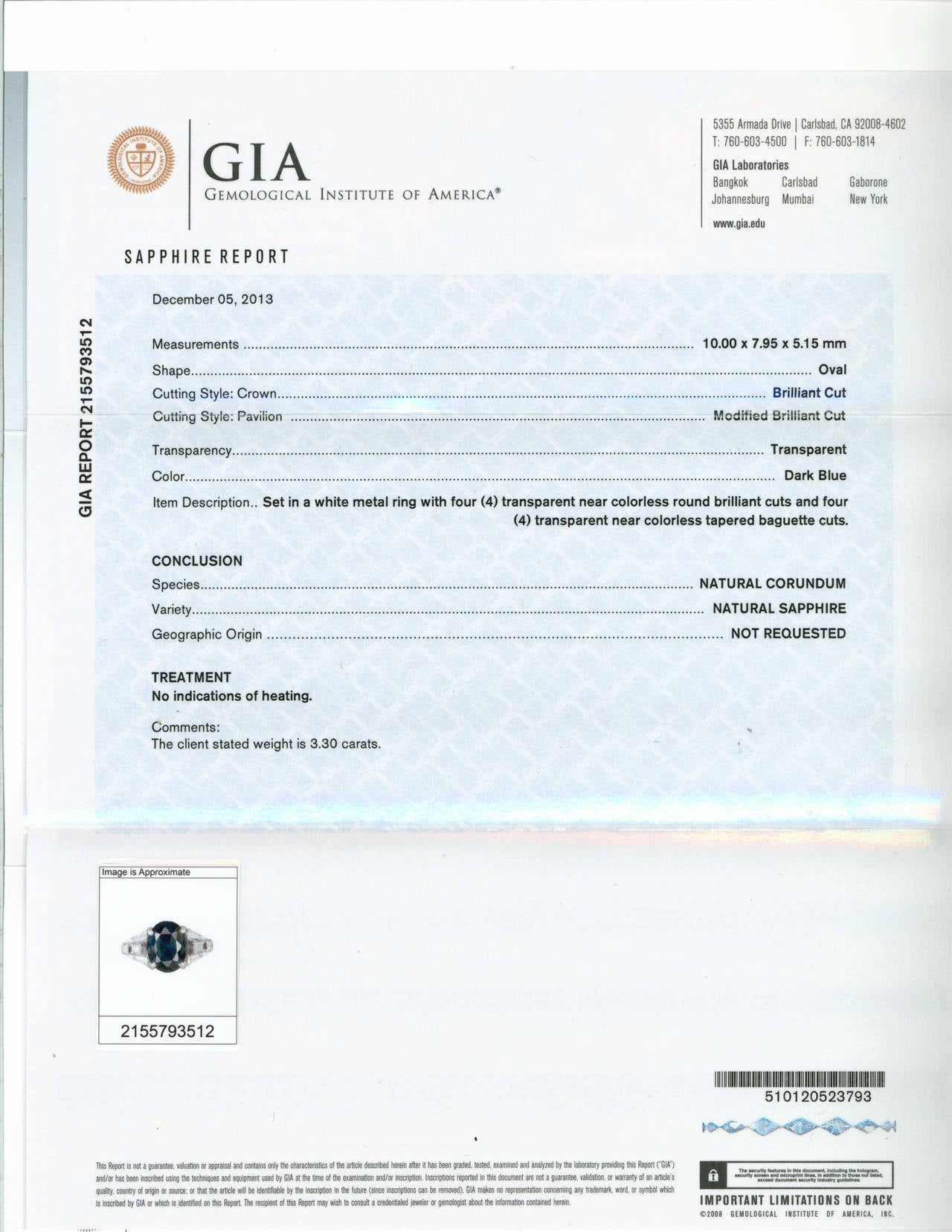 GIA Certified 3.30 Carat Natural Blue Sapphire Diamond Platinum Ring 1