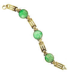 Art Deco Genuine Jadeite Jade Green Gold Carved Bracelet 11