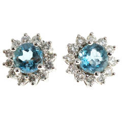 Natural Aquamarine Diamond Gold Cluster Earrings 7