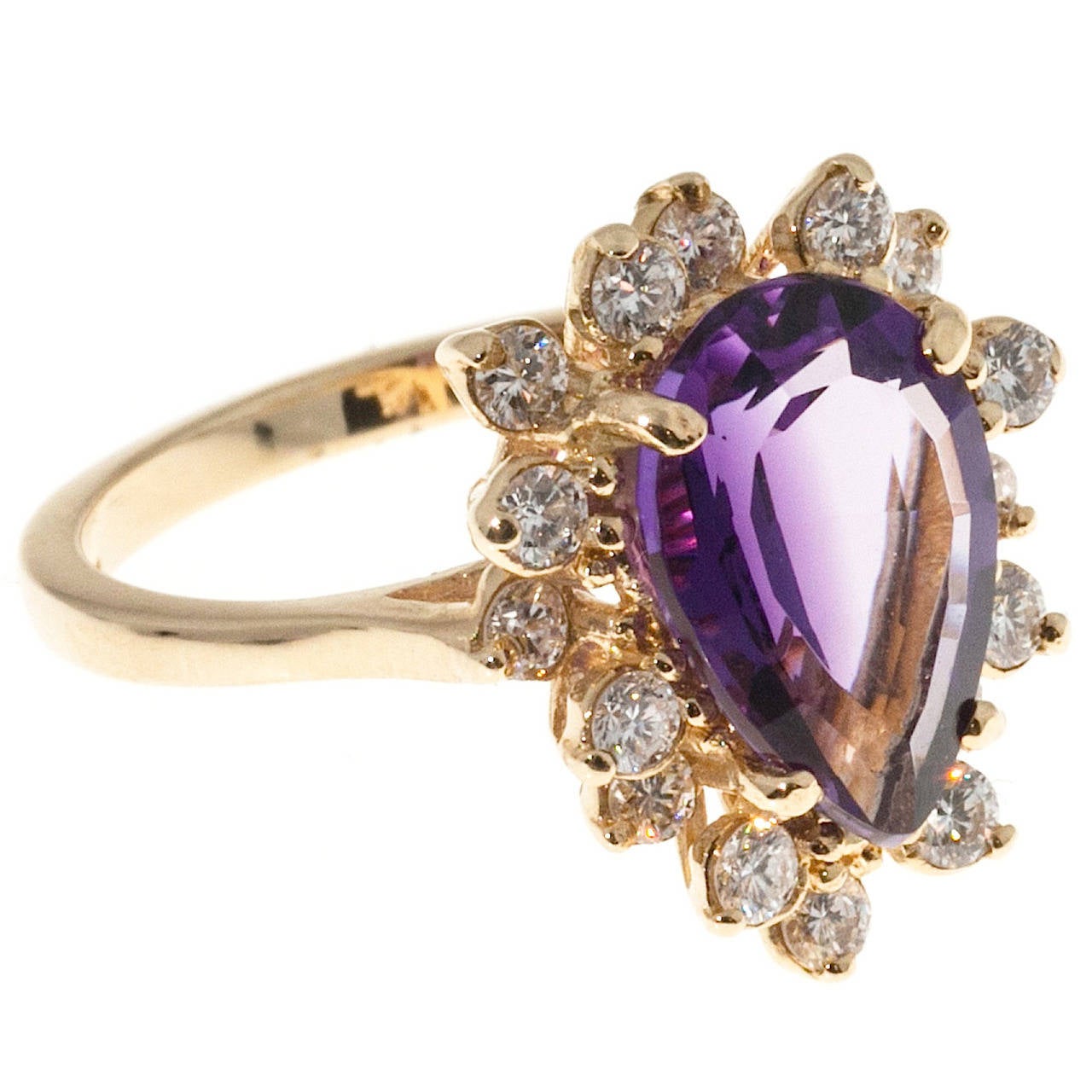 Pear Shaped Natural Amethyst Diamond Gold Cluster Ring For Sale at 1stdibs