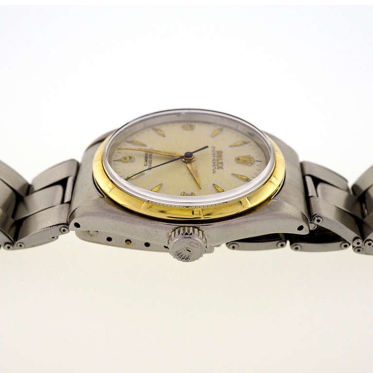 Rolex Stainless Steel and Yellow Gold Oyster Perpetual Wristwatch Ref 6285 In Good Condition In Stamford, CT