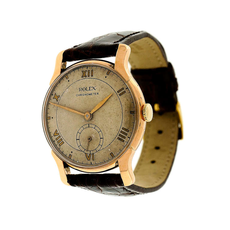 Rose Gold Rolex Wristwatch, circa 1930s In Good Condition In Stamford, CT