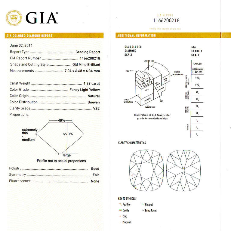Round Cut GIA Certified 1.39 Carat Natural Yellow White Diamond Platinum Engagement Ring For Sale
