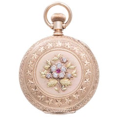 Antique Agassiz Rose, Yellow and Green Gold Pocket Watch with Diamond and Ruby Accents