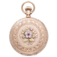 Agassiz Rose, Yellow and Green Gold Pocket Watch with Diamond and Ruby Accents 7