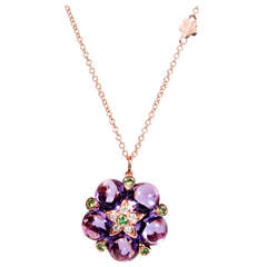 Cabochon Amethyst Garnet Diamond Rose Gold Pendant Necklace 1