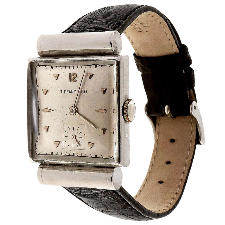 Movado Platinum Square Wristwatch with Hooded Lugs Retailed by Tiffany & Co For Sale