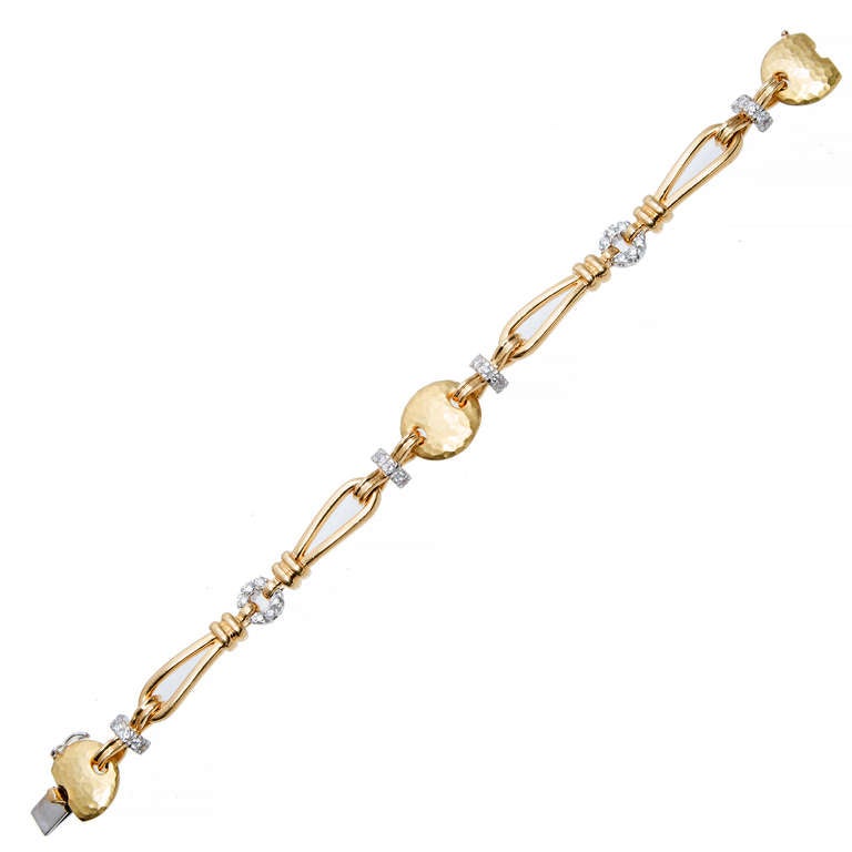 Modern Yellow Gold and Diamond Hammered Bracelet