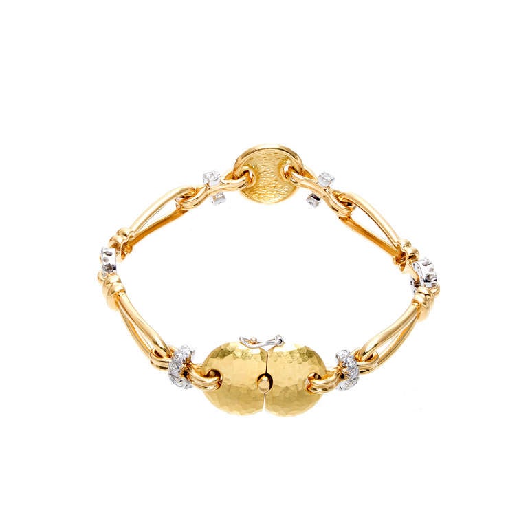 Yellow Gold and Diamond Hammered Bracelet 2