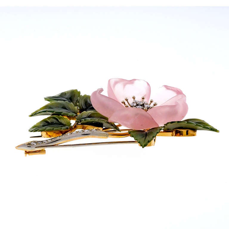 Round Cut Rose Quartz Jade Diamond Gold Flower Brooch