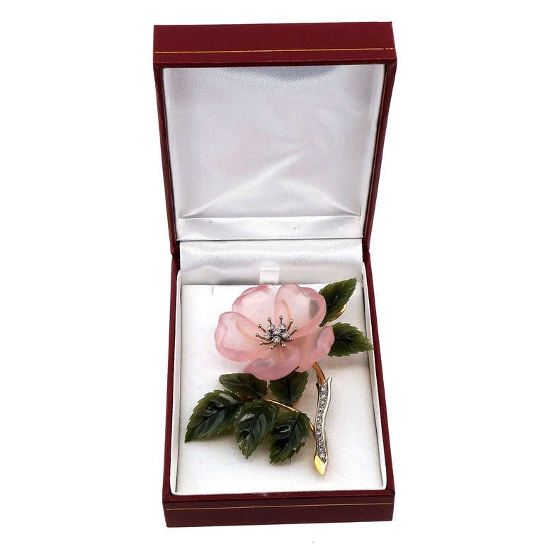 Women's Rose Quartz Jade Diamond Gold Flower Brooch