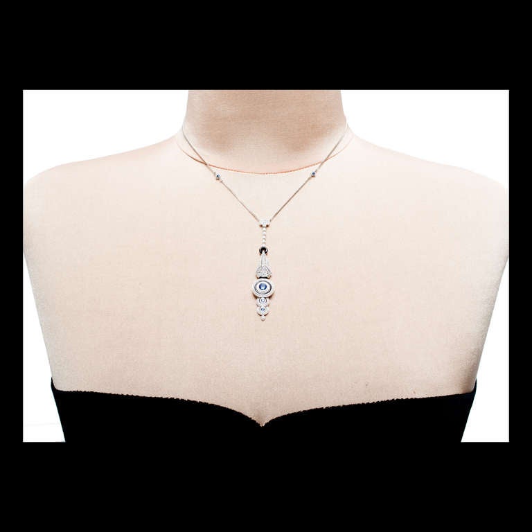Onyx Saphir Diamant Weißgold Lavaliere Anhänger Halskette Damen