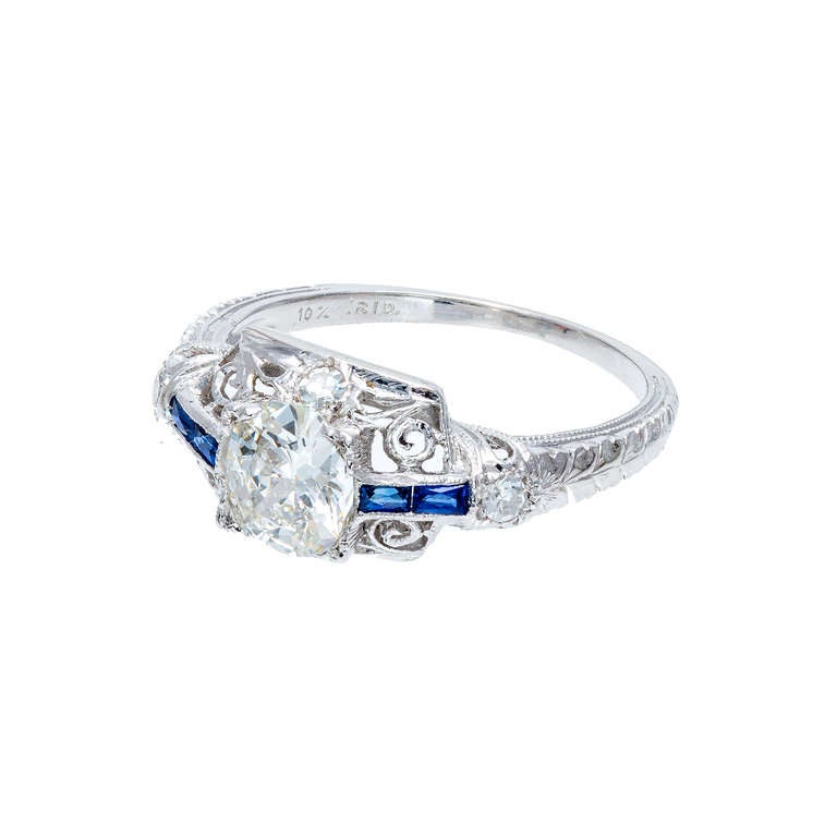 All original Art Deco Platinum Edwardian diamond and sapphire engagement ring. circa 1910 to 1920. filigree work, European cut side diamonds, calibre cut Sapphires. EGL certified # US23961204

.73ct cushion cut diamond G, VS2 bright and sparkly
4