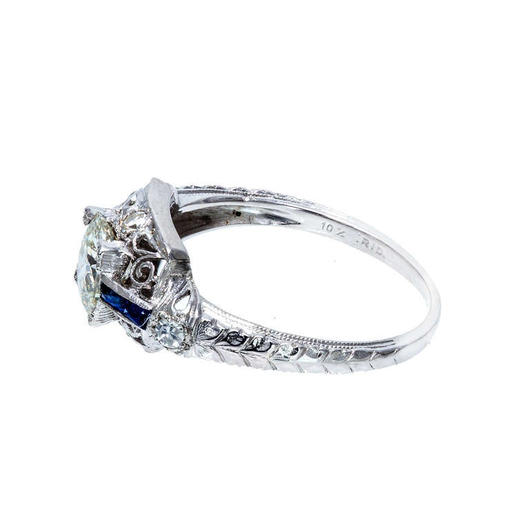 Art Deco EGL Certified .73 Carat Diamond Sapphire Platinum Engagement Ring In Good Condition In Stamford, CT