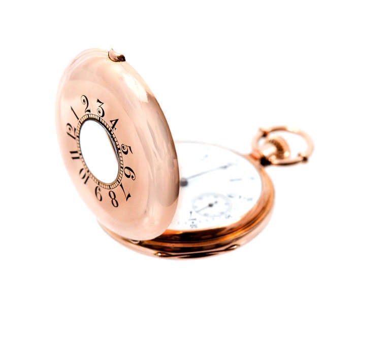 Very rare Patek Philippe 18k rose gold demi-hunter cased pocket watch, circa 1872, serial number 42222, retailed by Bailey Banks & Biddle, Philadelphia.

The watch contains a very rare 20-jewel movement.