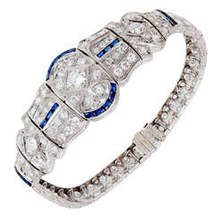 Art Deco Sapphire Diamond Engraved Gold Platinum Bracelet 10