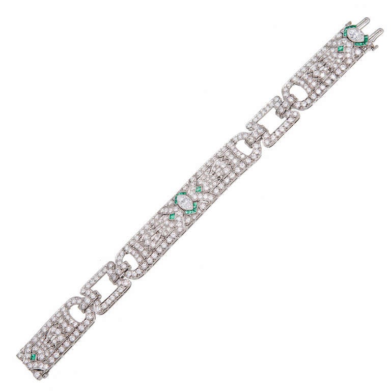 9 Karat Diamant Smaragd Art Deco Platin-Armband