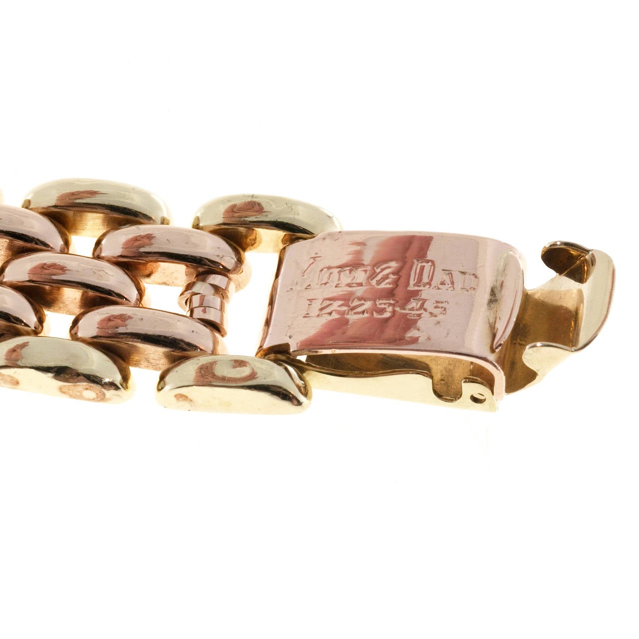 Retro Pink and Green Gold Hinged Five Row Link Bracelet In Good Condition In Stamford, CT