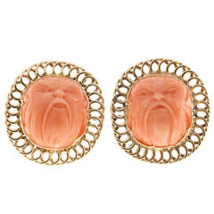 Carved Angel Skin Coral Gold Ear Clips 3