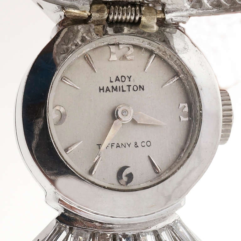 Hamiliton Lady's Platinum and Diamond Concealed Dial Watch Retailed by Tiffany In Good Condition In Stamford, CT