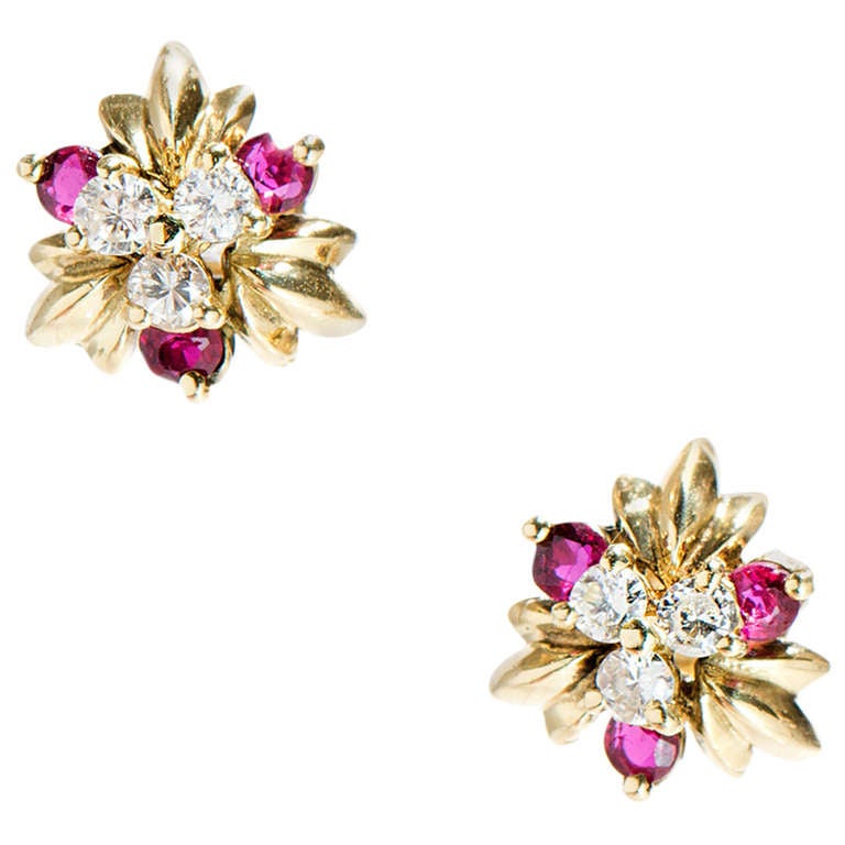 Ruby And Diamond Pierced Yellow Gold Earrings c1960