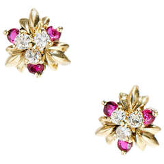 Vintage Ruby And Diamond Pierced Yellow Gold Earrings c1960
